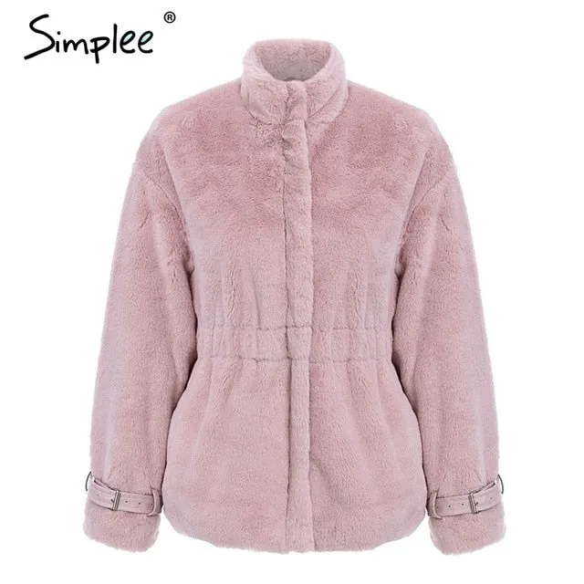 Autumn winter warm soft zipper fur jacket  elastic waist sash sleeve overcoat