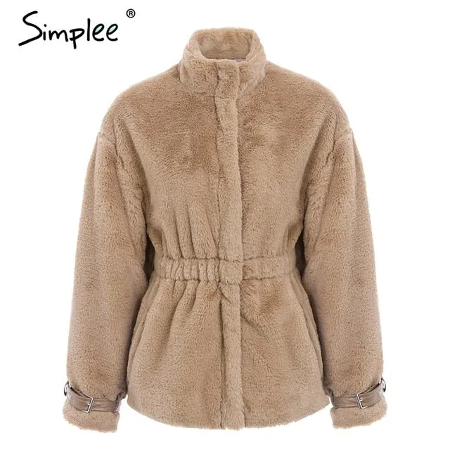 Autumn winter warm soft zipper fur jacket  elastic waist sash sleeve overcoat