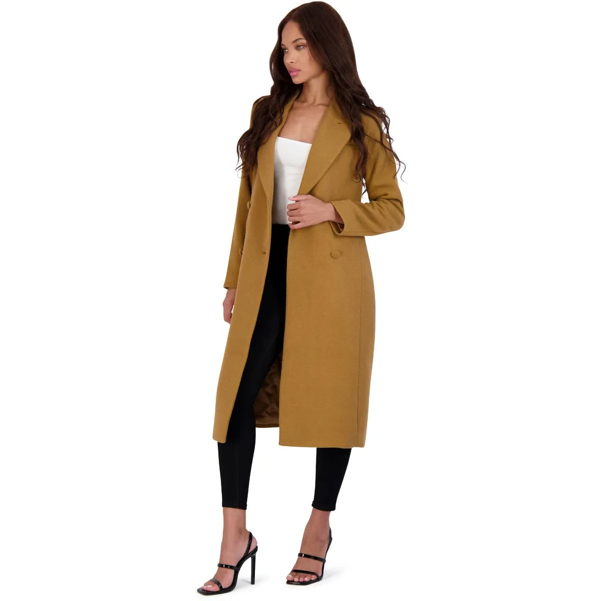 Avec Les Filles Women’s Double Breasted Tailored Wool Blend Coat with Peak Lapel