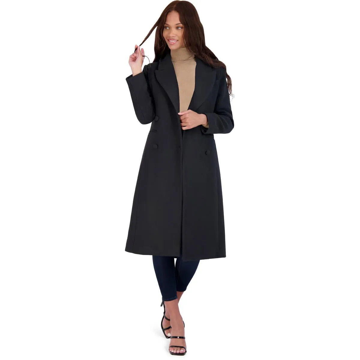 Avec Les Filles Women’s Double Breasted Tailored Wool Blend Coat with Peak Lapel