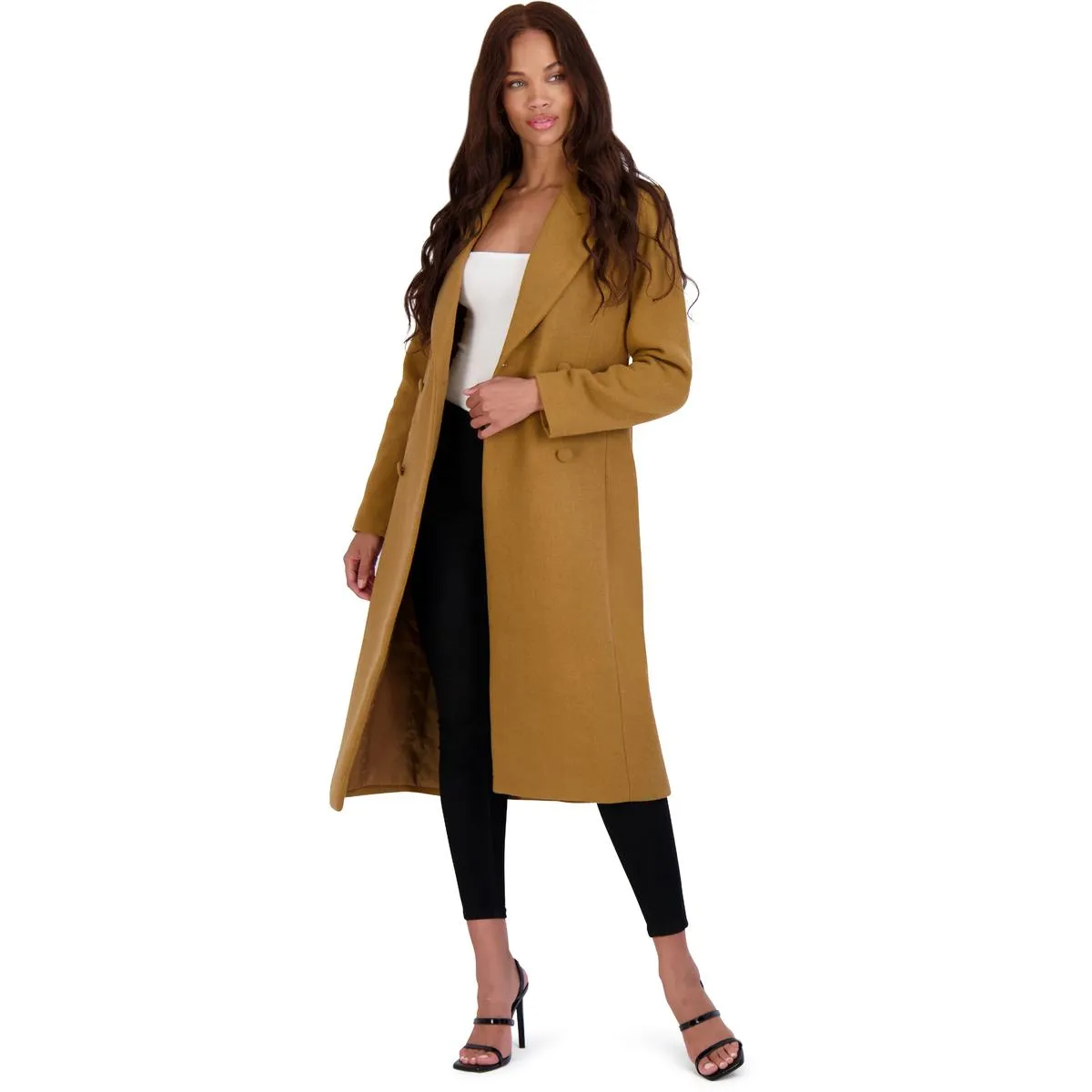 Avec Les Filles Women’s Double Breasted Tailored Wool Blend Coat with Peak Lapel