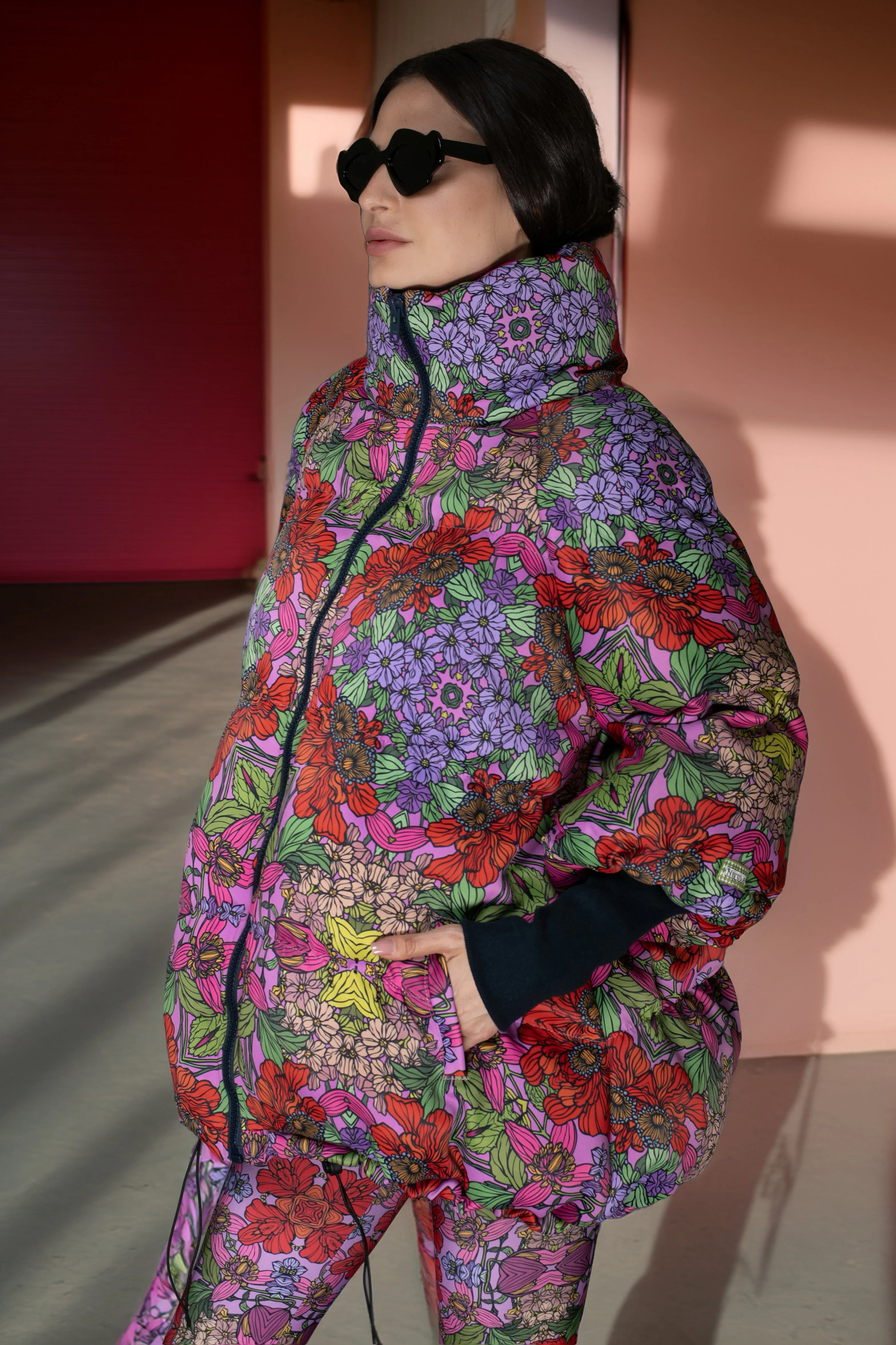 AW Jacket - Floral Red Stand-up Collar Puffer