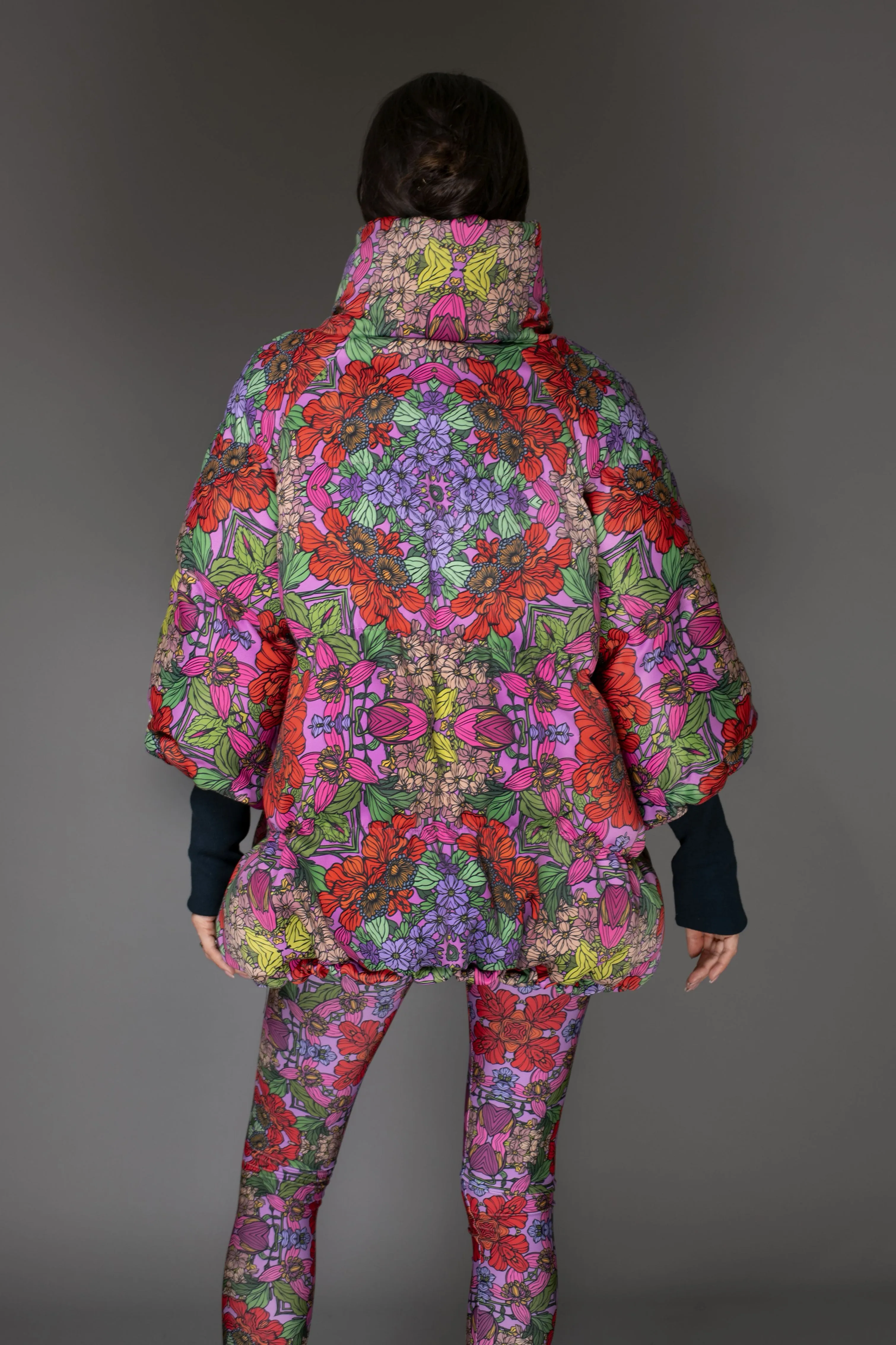 AW Jacket - Floral Red Stand-up Collar Puffer