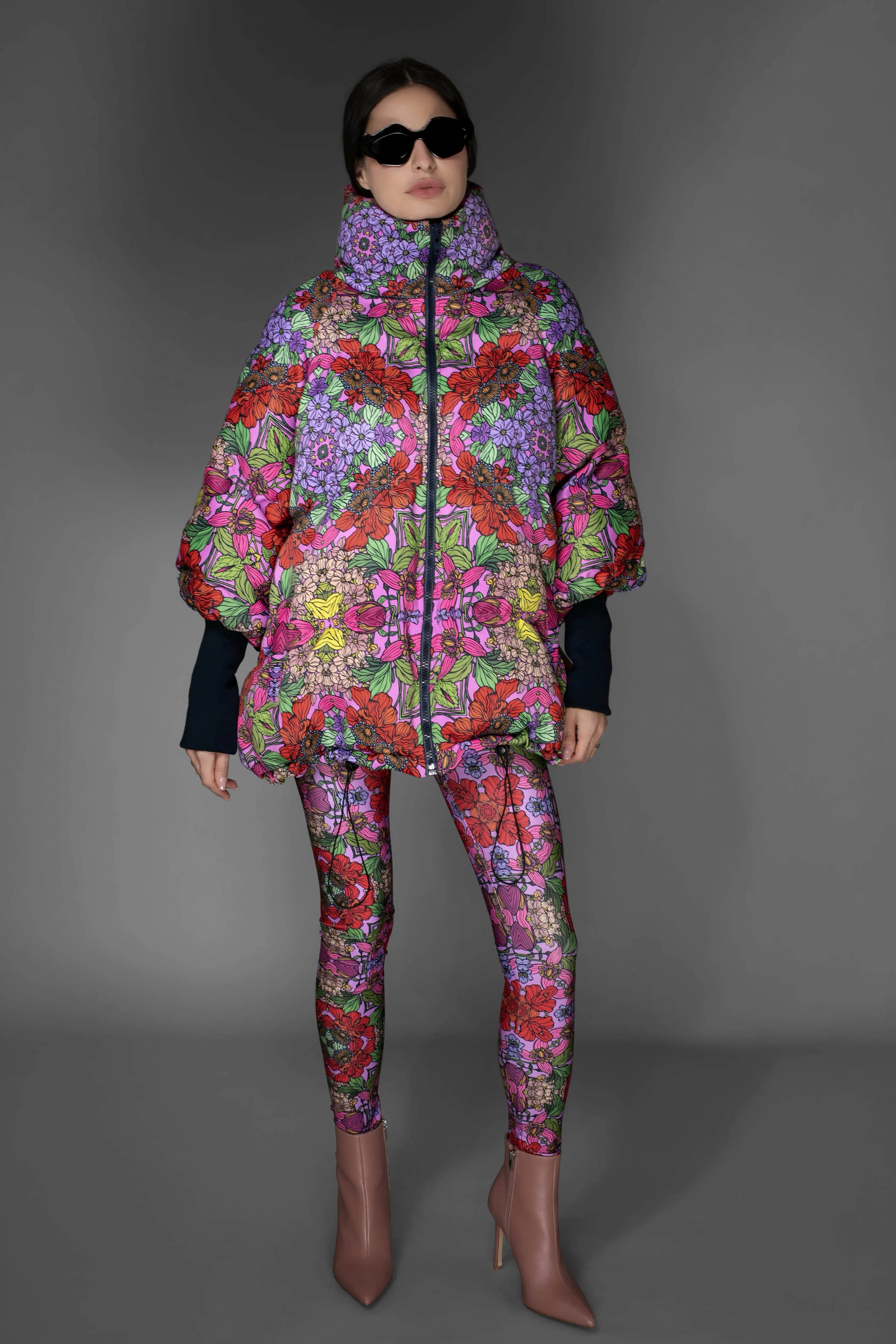 AW Jacket - Floral Red Stand-up Collar Puffer