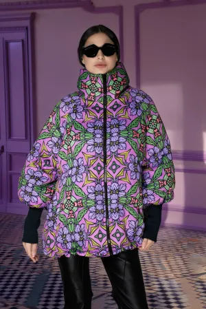 AW -  Lilac Art Nouveau Print Stand-up Collar Puffer Jacket