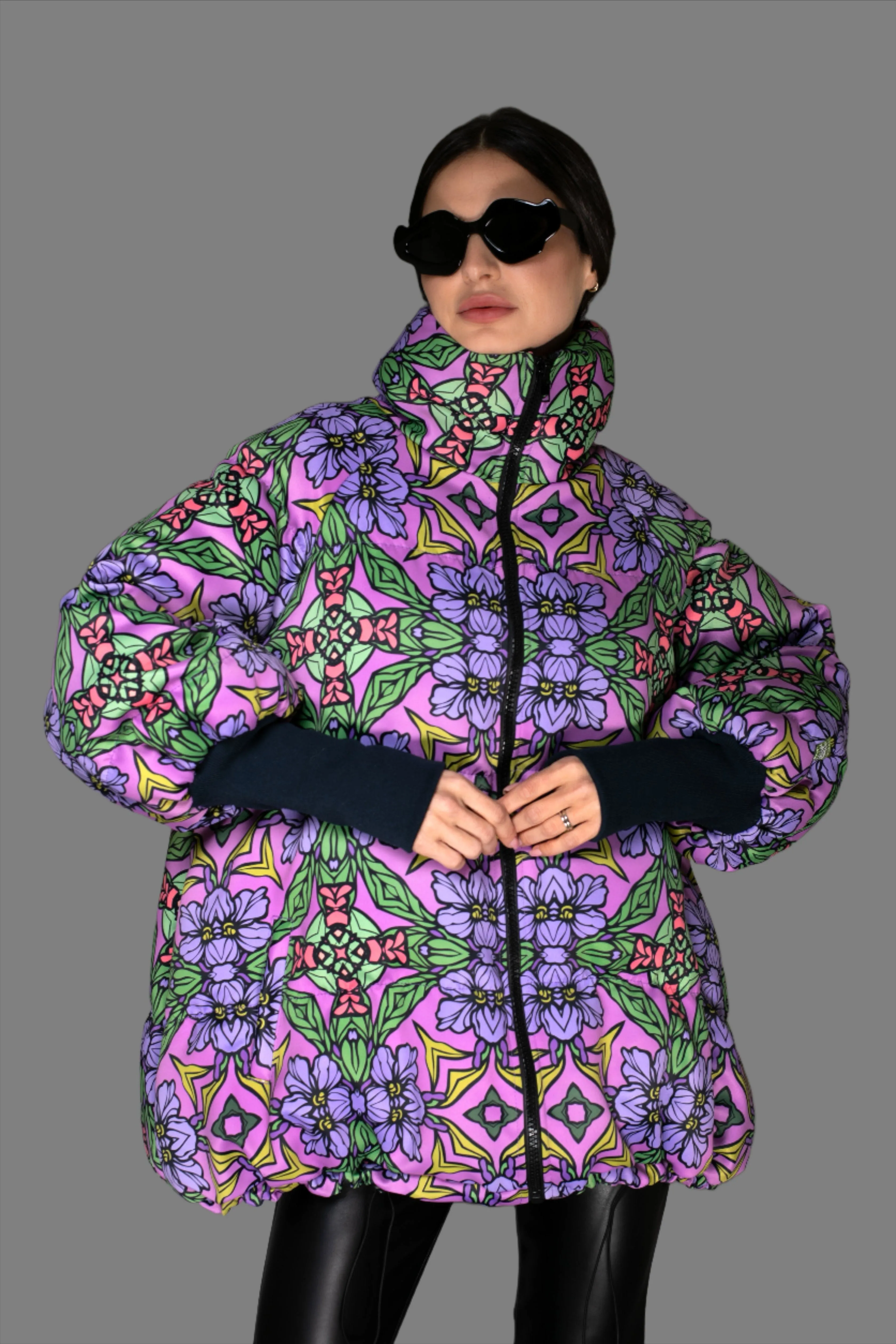 AW -  Lilac Art Nouveau Print Stand-up Collar Puffer Jacket