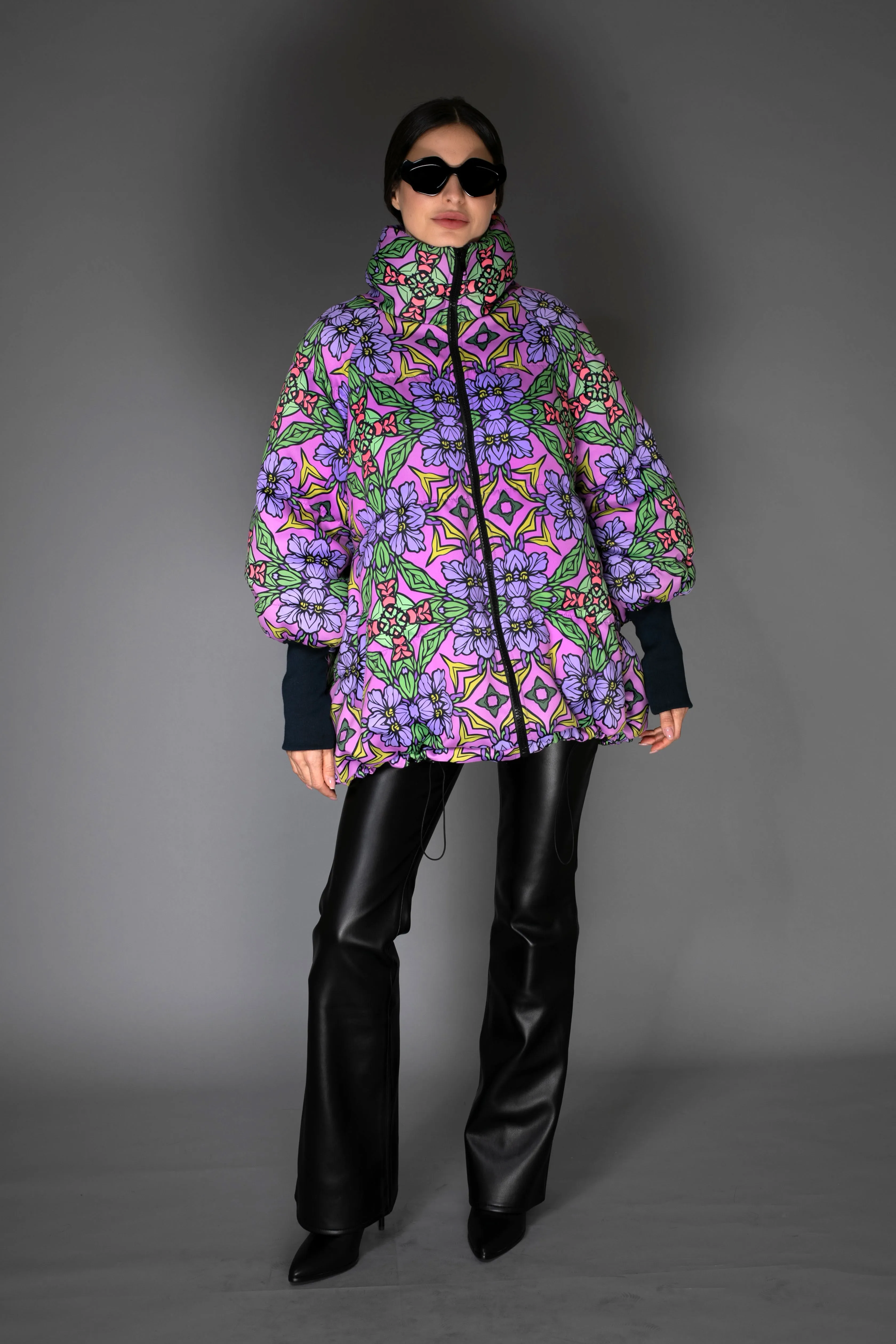 AW -  Lilac Art Nouveau Print Stand-up Collar Puffer Jacket