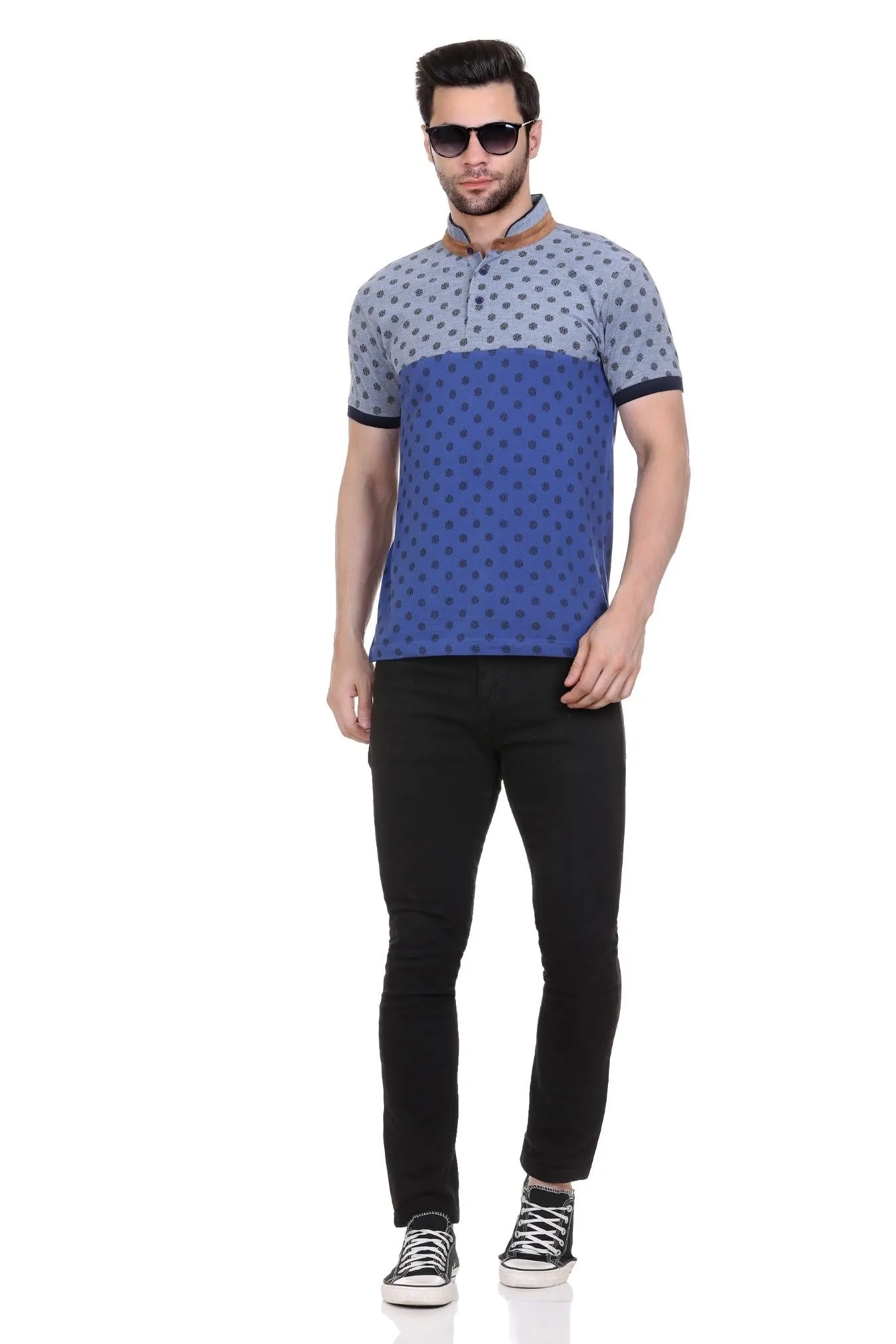 Axmann Polka Print Men Mandarin Collar T-Shirt