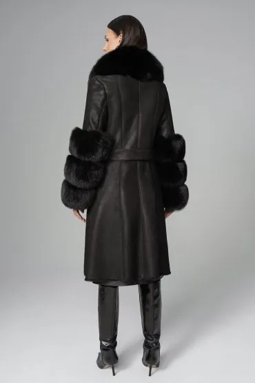 Black Genuine Maxi Lambskin Overcoat with Arctic Black Fox Fur Collar and Cuffs