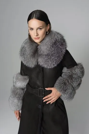 Black Genuine Maxi Lambskin Overcoat with Arctic Silver Fox Fur Collar and Cuffs