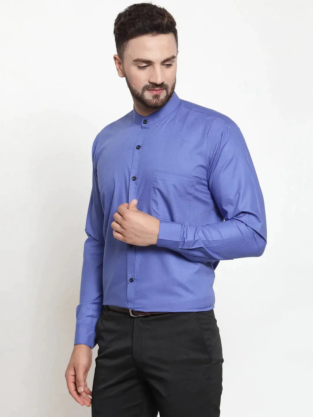 Blue Men's Cotton Solid Mandarin Collar Formal Shirts