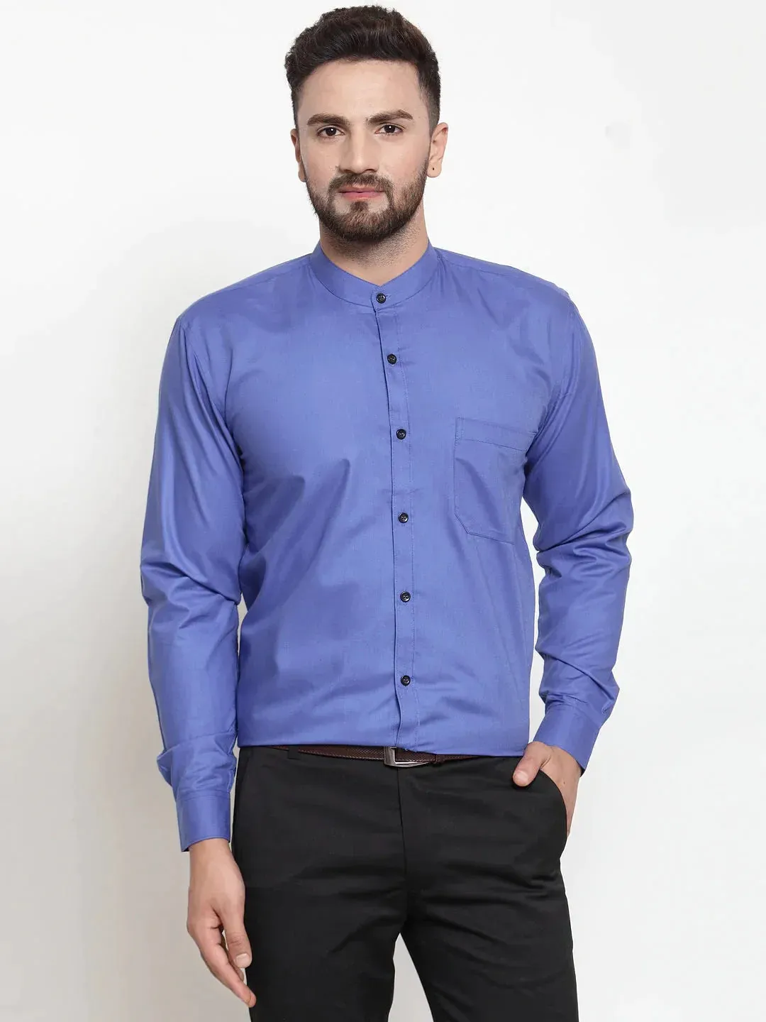 Blue Men's Cotton Solid Mandarin Collar Formal Shirts