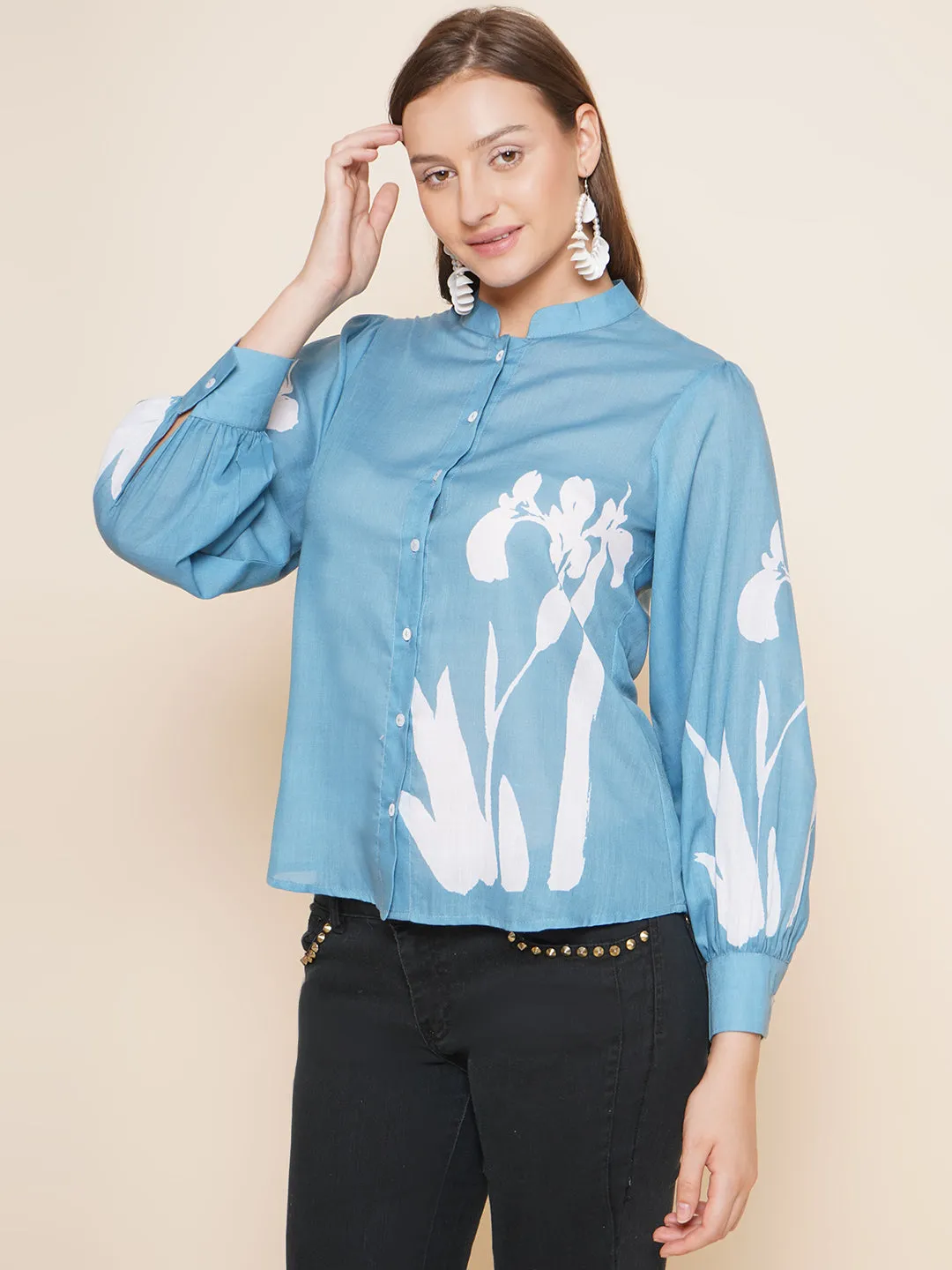 Blue Printed Shirt Style Top