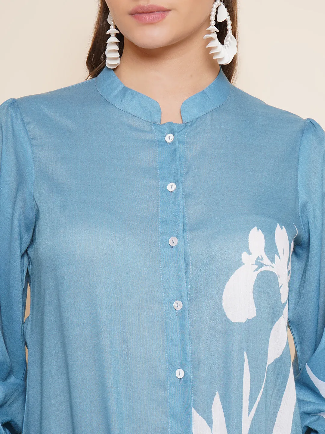 Blue Printed Shirt Style Top