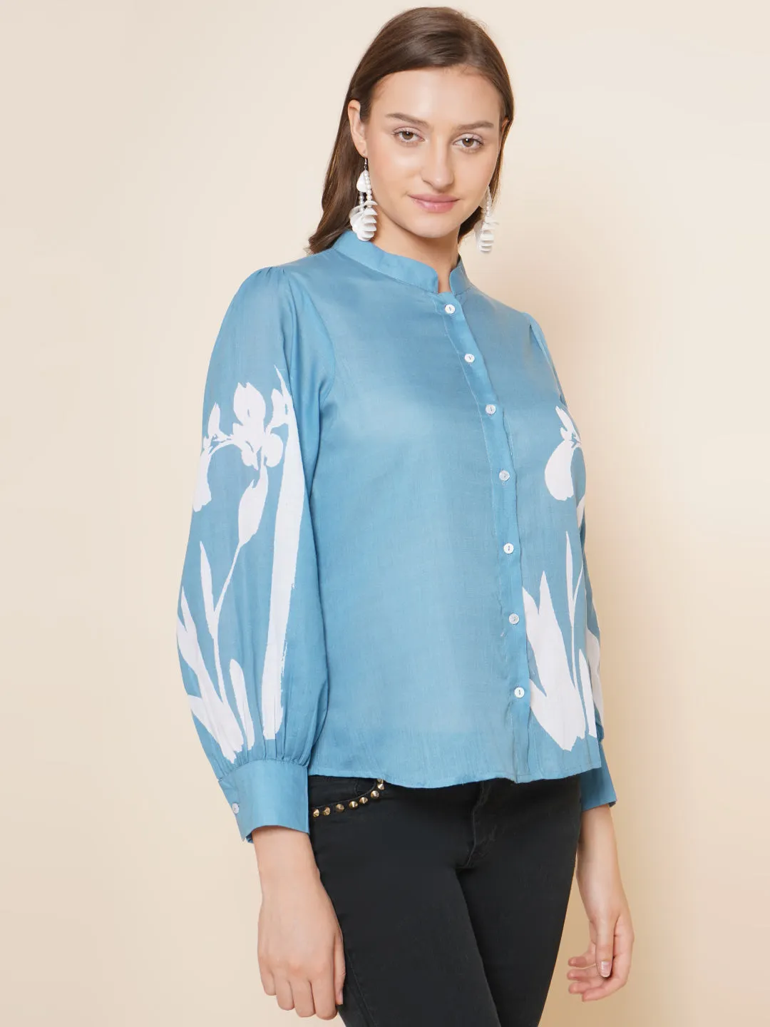 Blue Printed Shirt Style Top