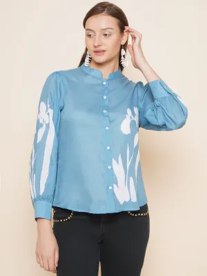 Blue Printed Shirt Style Top