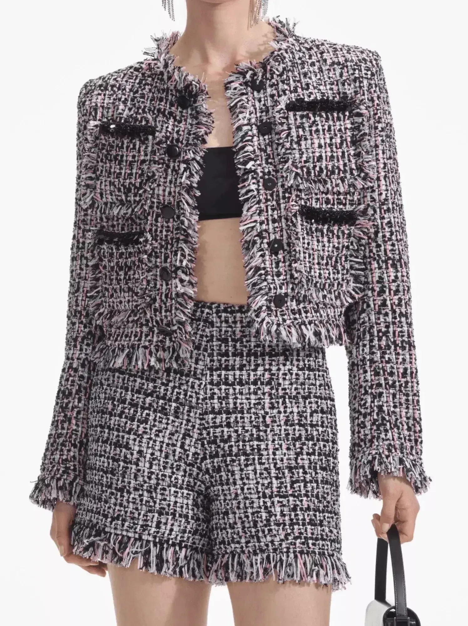 Boucle Fringed Tweed Jacket and Short Set with Black Embellished Trim