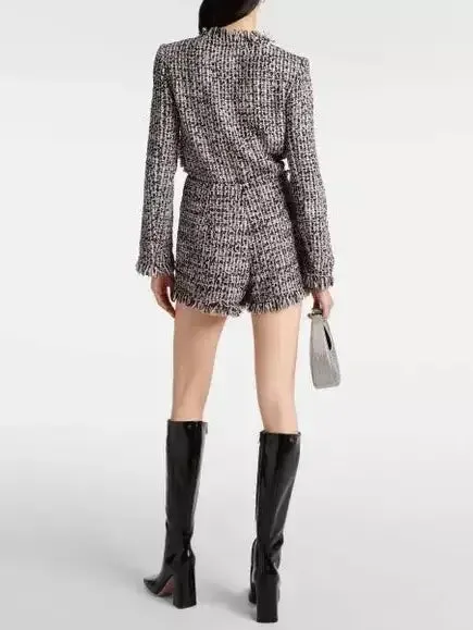 Boucle Fringed Tweed Jacket and Short Set with Black Embellished Trim