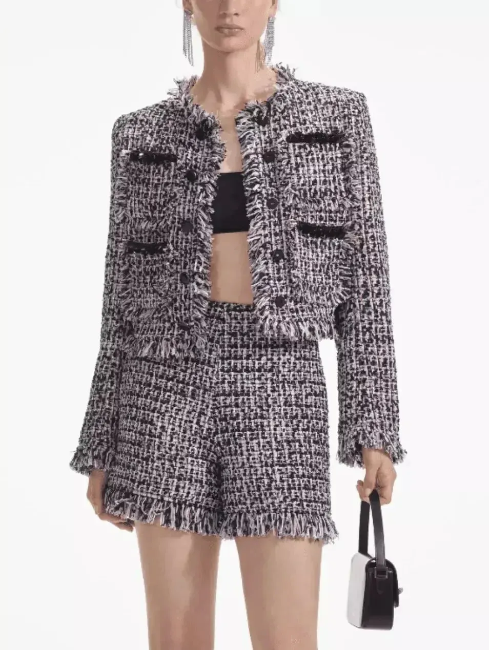 Boucle Fringed Tweed Jacket and Short Set with Black Embellished Trim