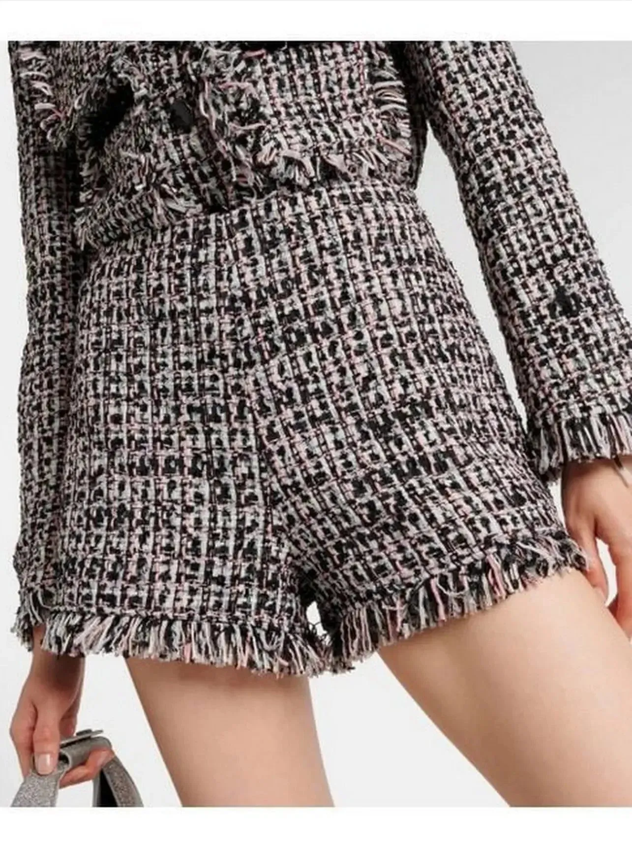 Boucle Fringed Tweed Jacket and Short Set with Black Embellished Trim