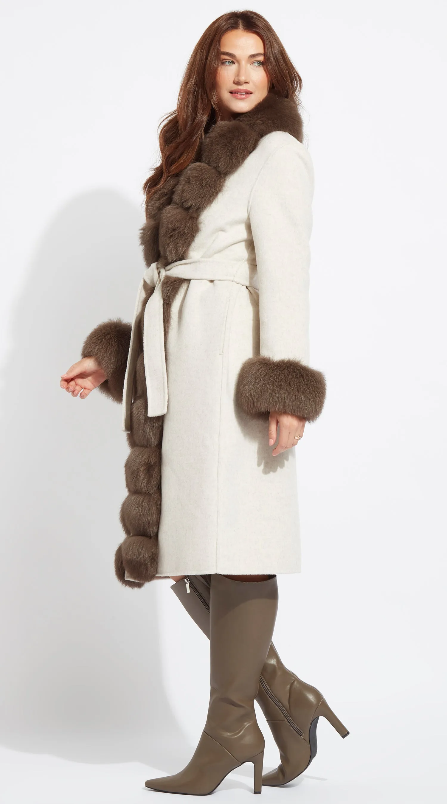 Cashmere &  Fox Fur Midi Belted Coat