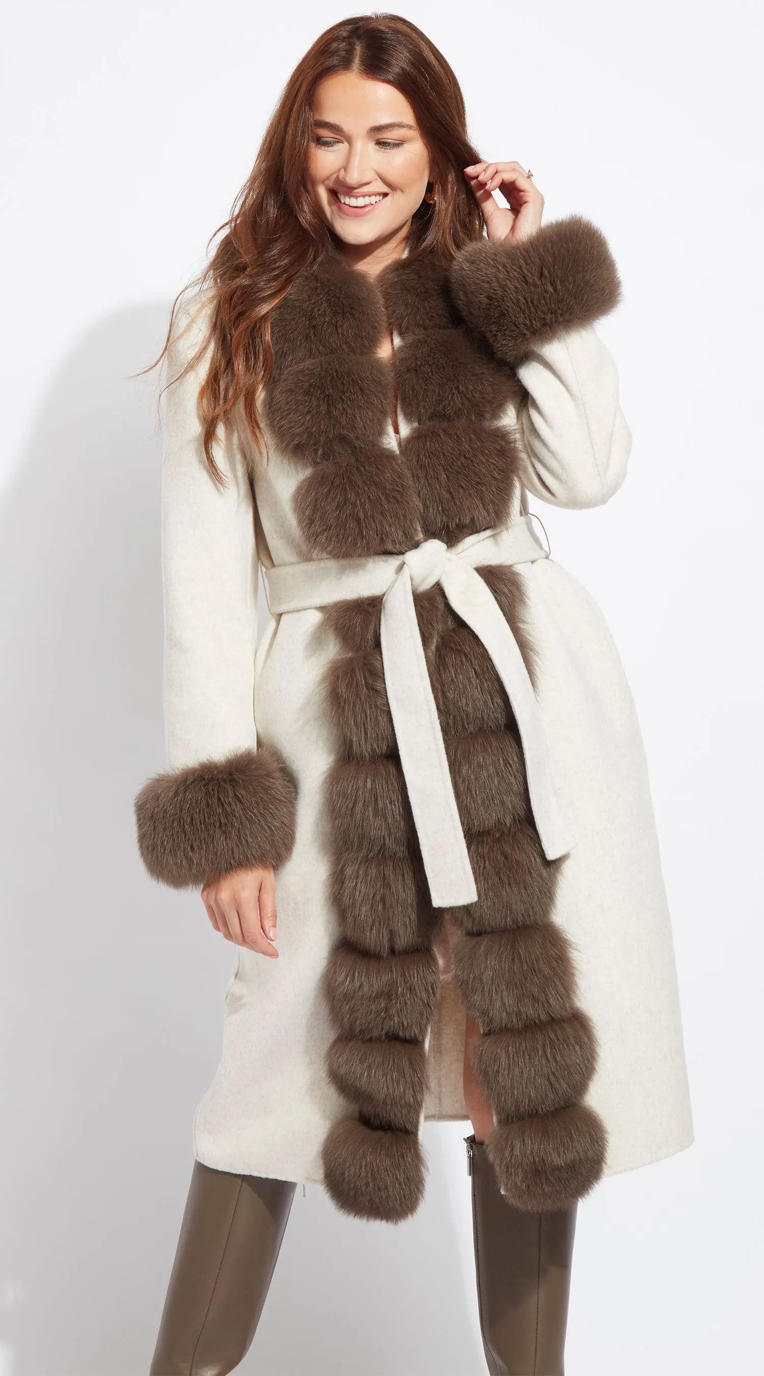 Cashmere &  Fox Fur Midi Belted Coat