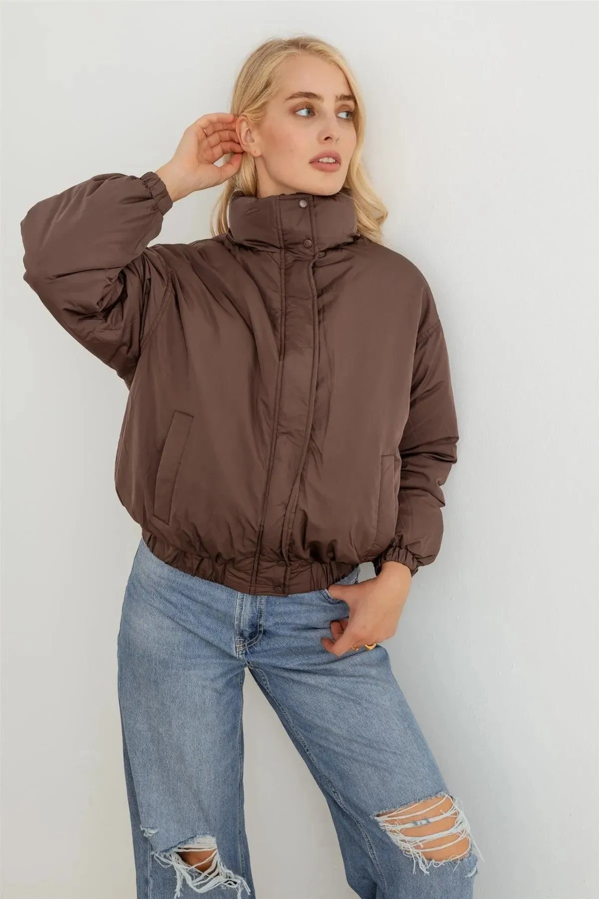 Chocolate Zip-Up Long Sleeve Puffer Jacket