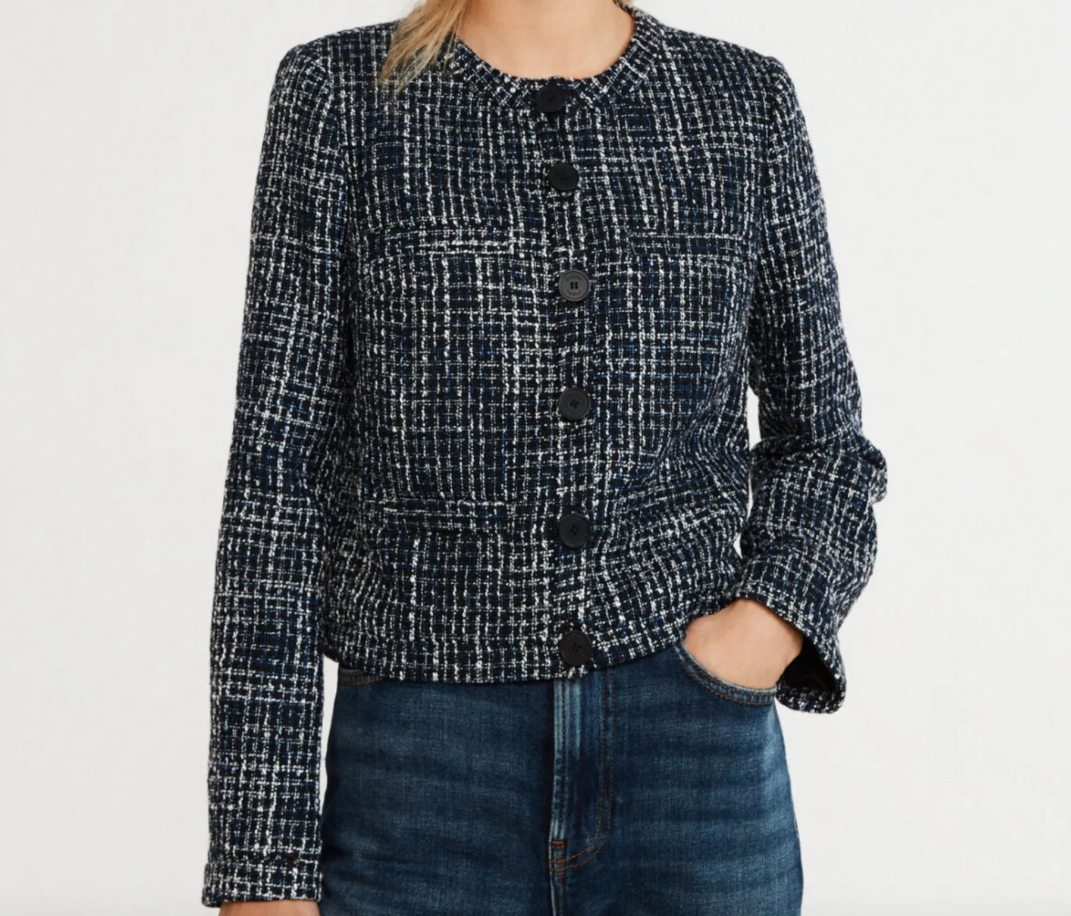 Claudie Pierlot Navy Blue Tweed Button-Up Jacket Size UK 12