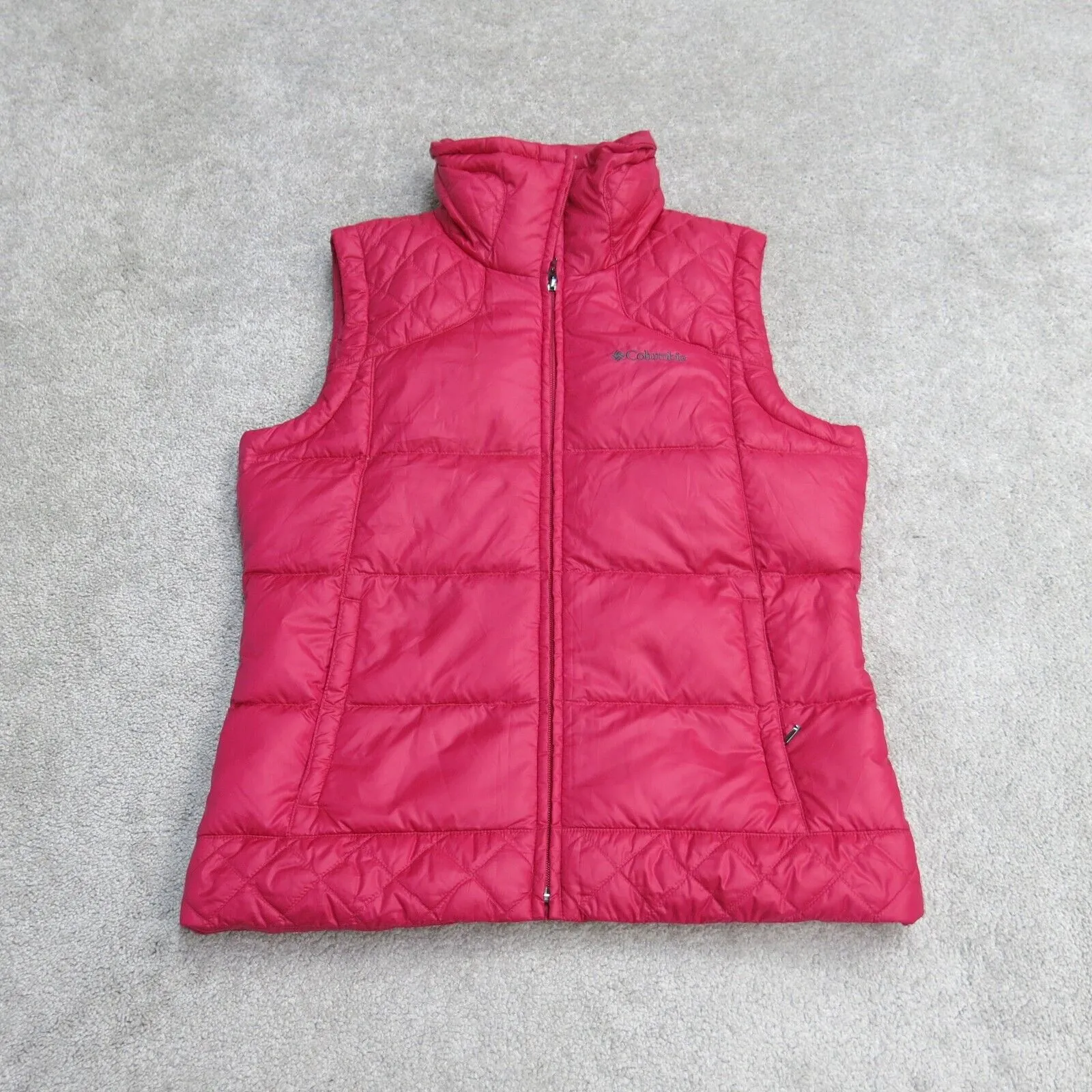 Columbia Womens Down Puffer Vest Jacket Full Zip Sleeveless Mock Neck Pink SZ M