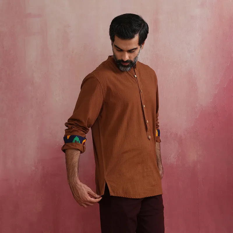 Cotton Brown Kurta for Men | Mandarin Collar