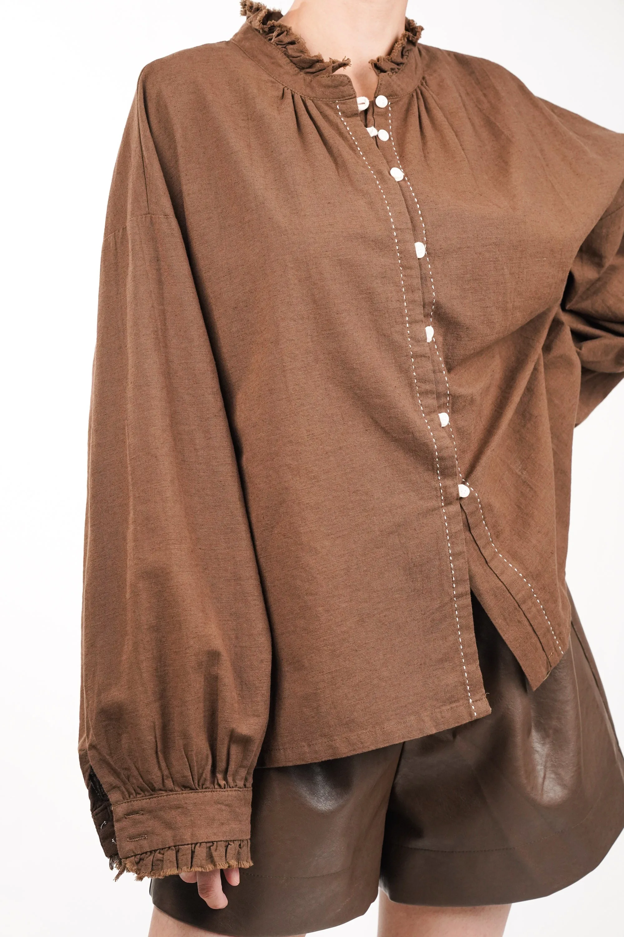 Distressed Mandarin Collar Oversized Shirt