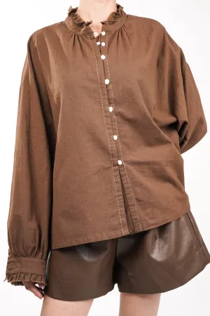 Distressed Mandarin Collar Oversized Shirt