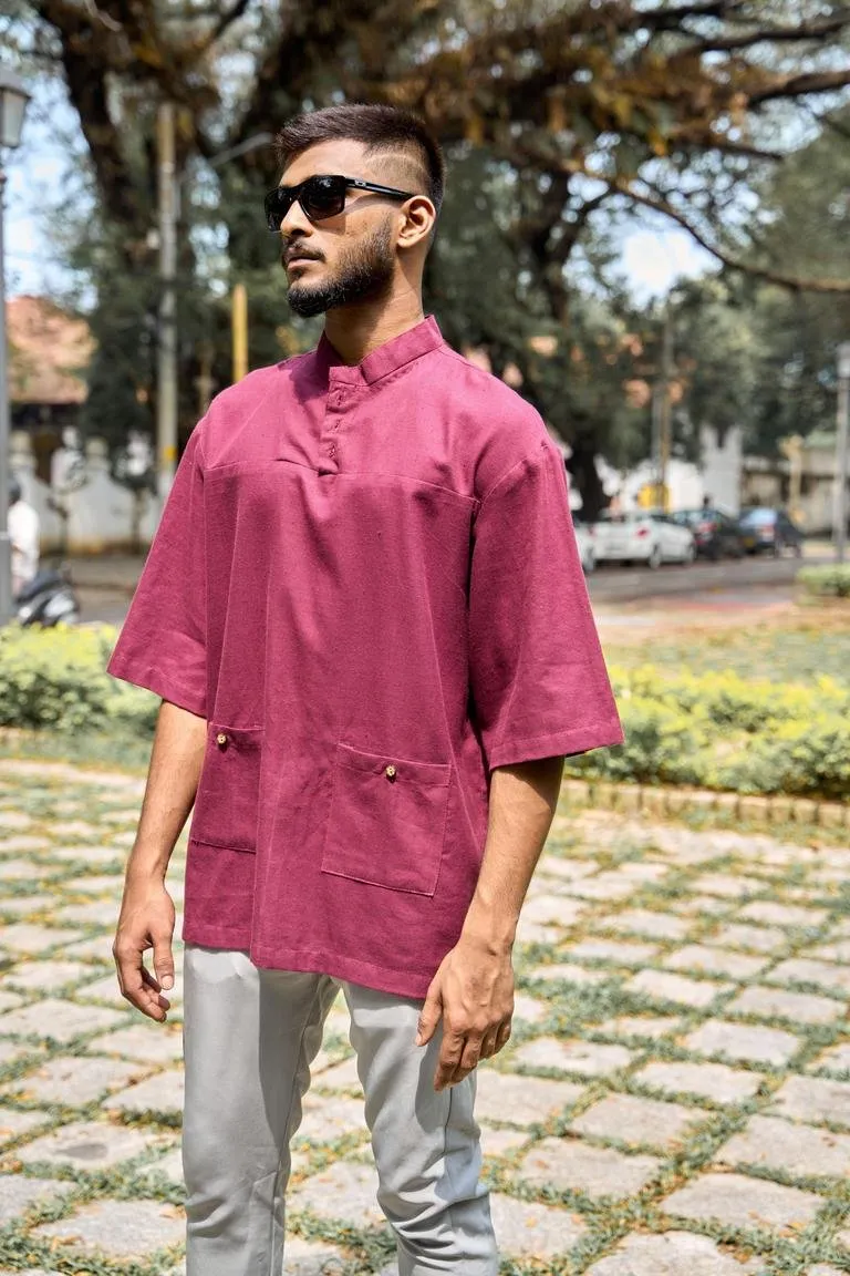 Dropped Shoulder Mandarin Collar Cotton Shirt