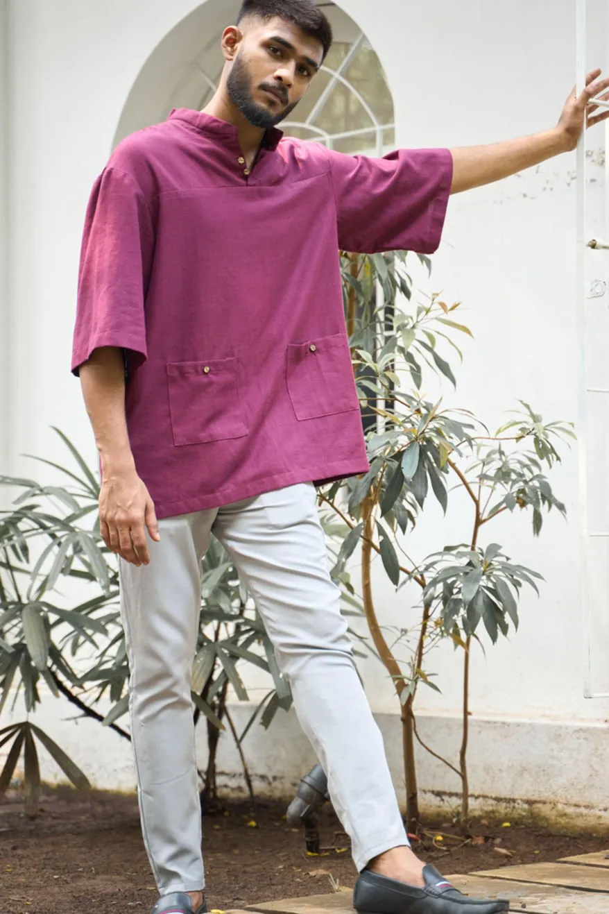 Dropped Shoulder Mandarin Collar Cotton Shirt