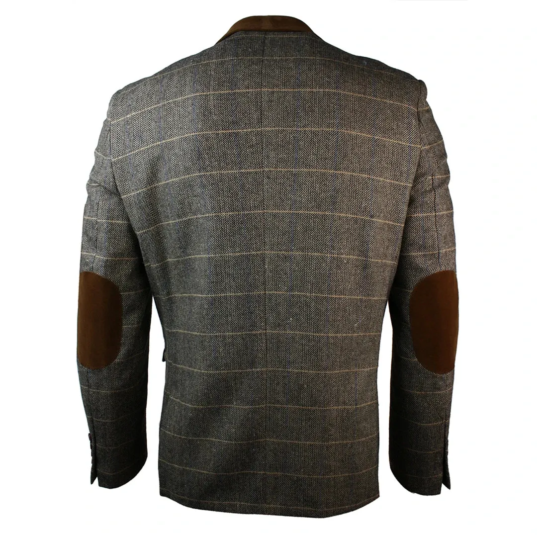 dx7 - Men's Check Herringbone Tweed Light Brown Oak Blazer Jacket