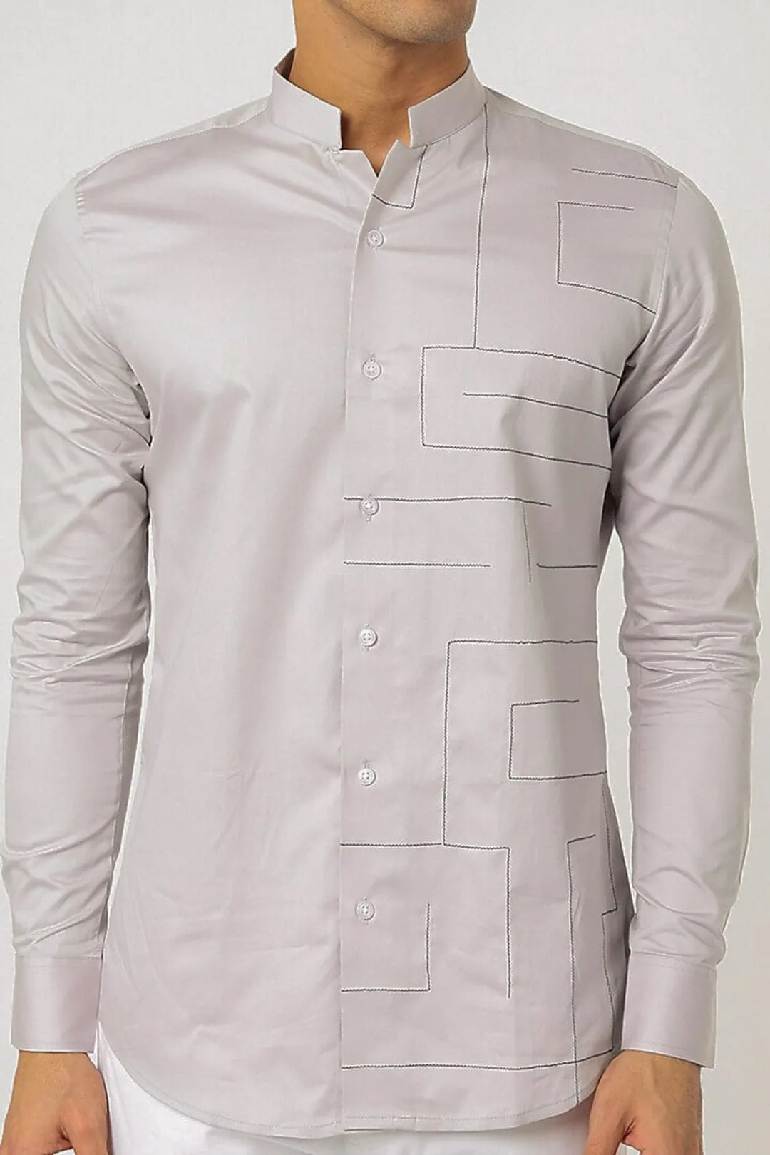 Embroidered Mandarin Collar Cotton Formal Shirt