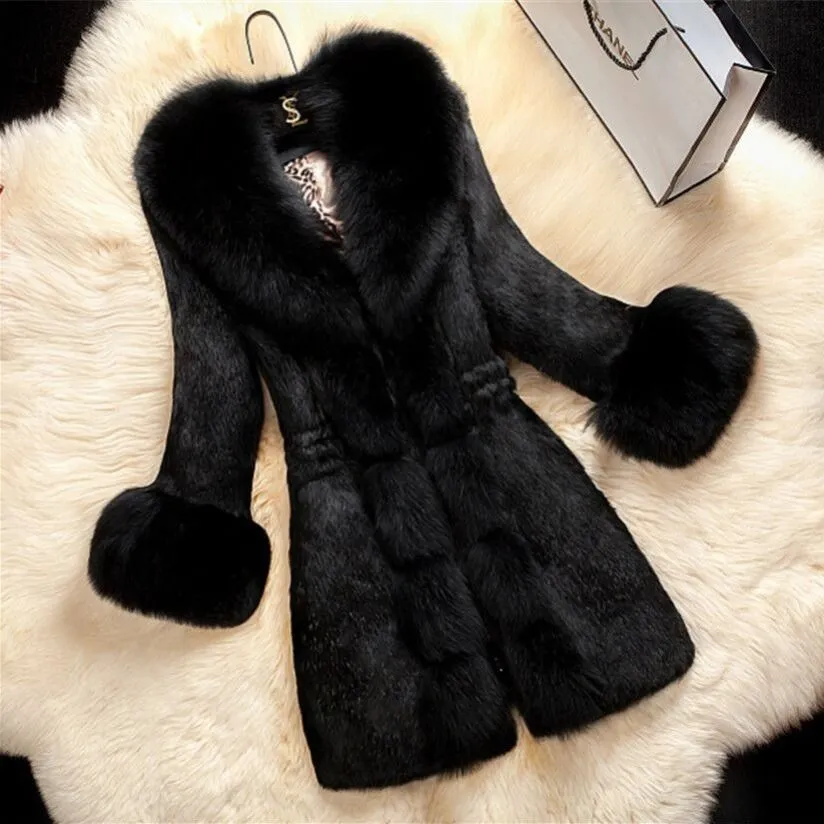 Faux Fur V-Neck Long Overcoat for Women