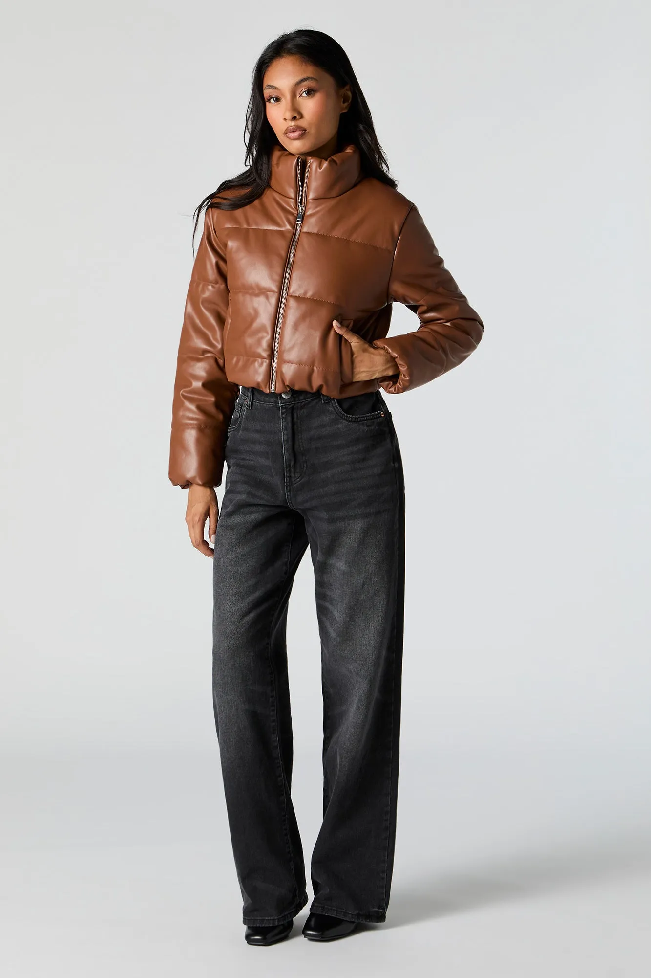 Faux Leather Cropped Puffer Jacket