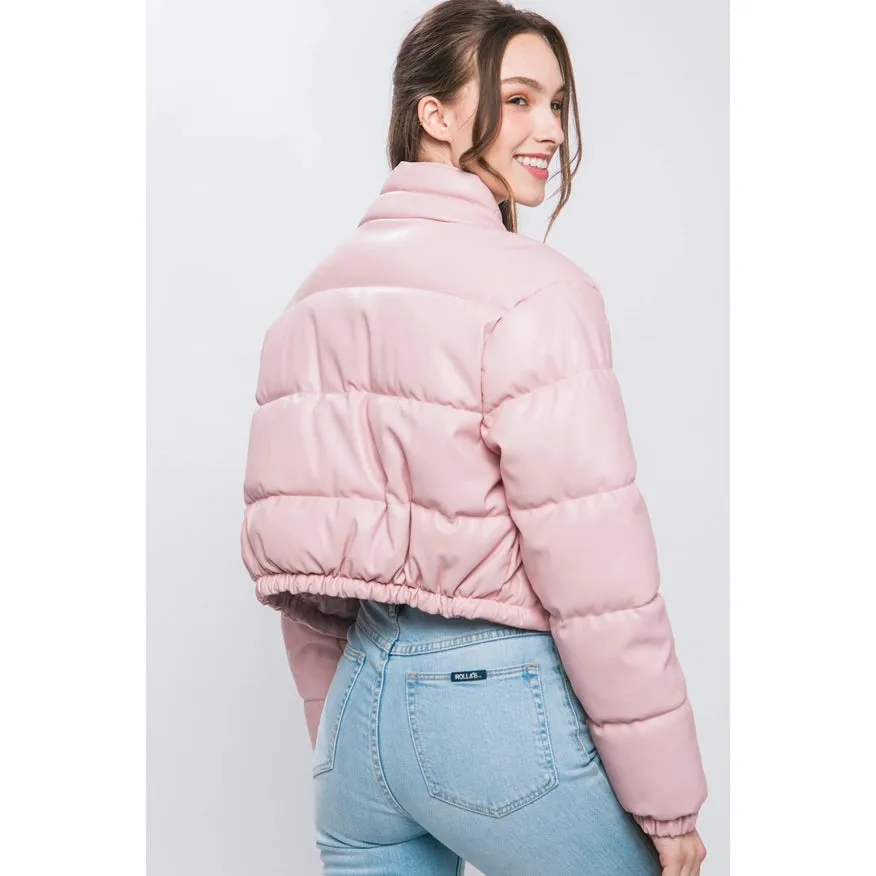 Faux Leather Puffer Jacket Pink