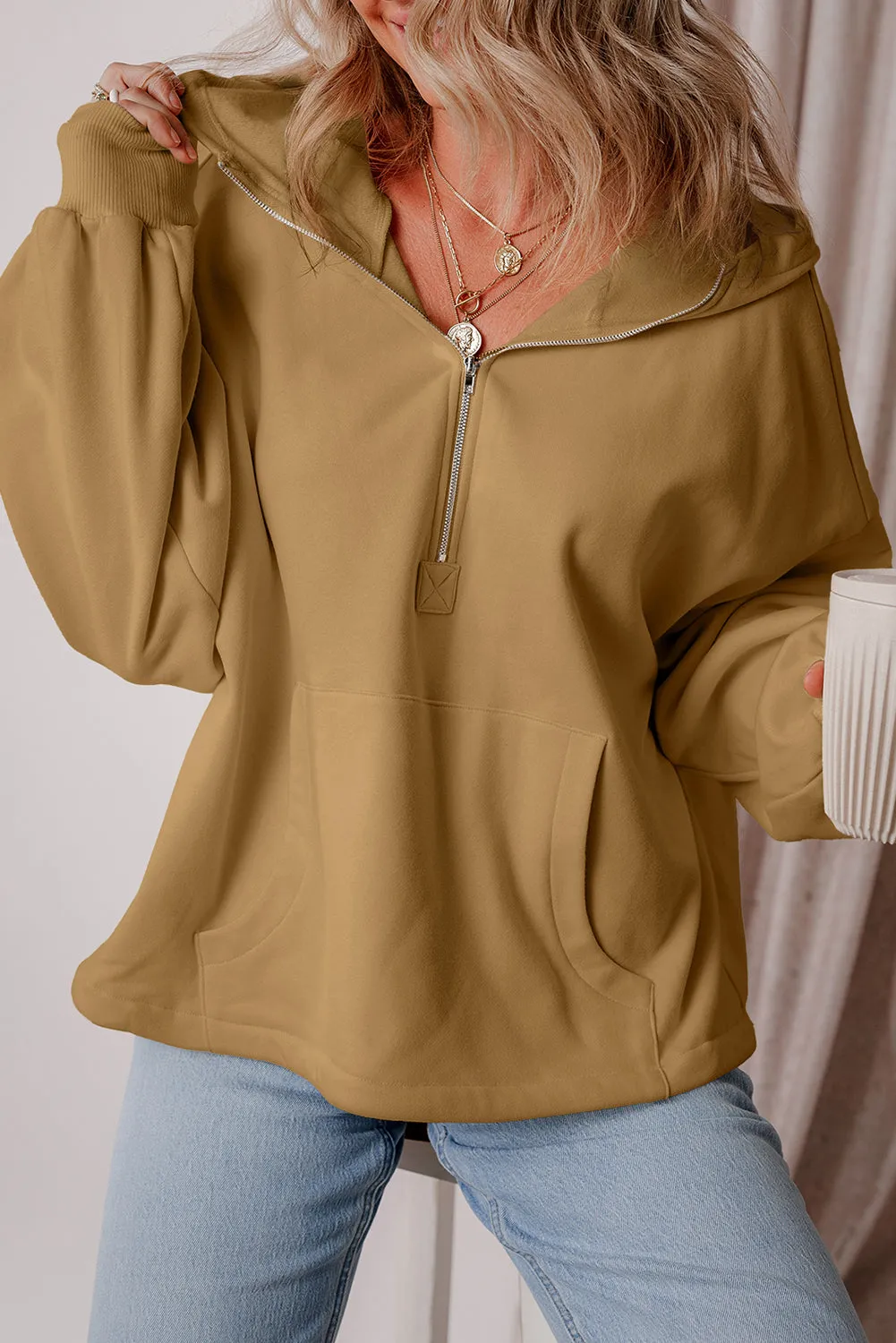 Fleece Lined Half Zipper Kangaroo Pockets Loose Hoodie