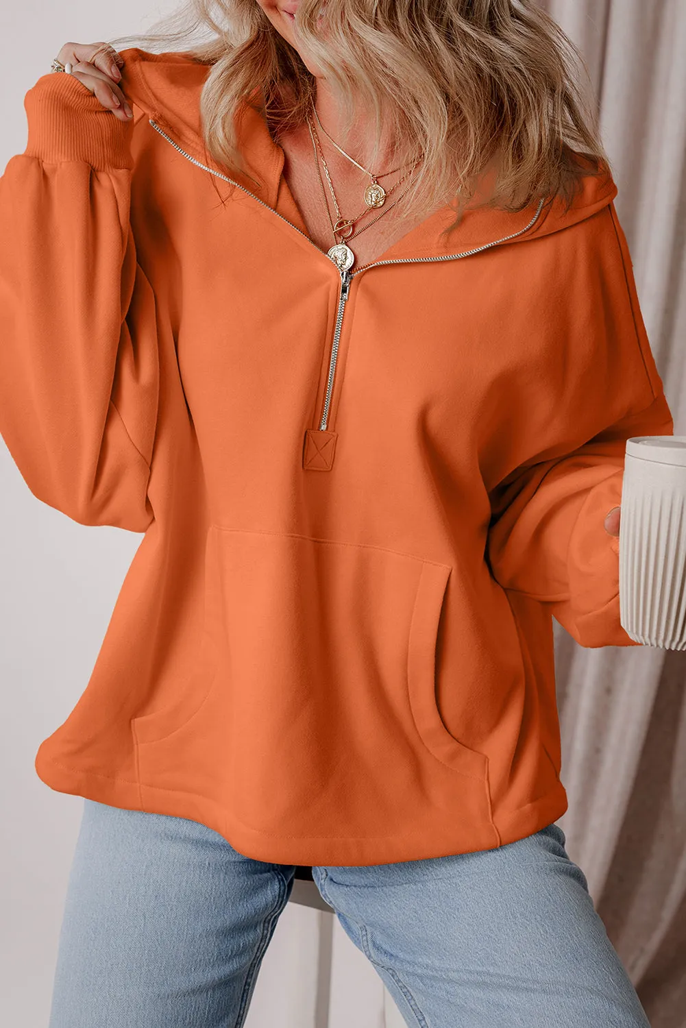 Fleece Lined Half Zipper Kangaroo Pockets Loose Hoodie