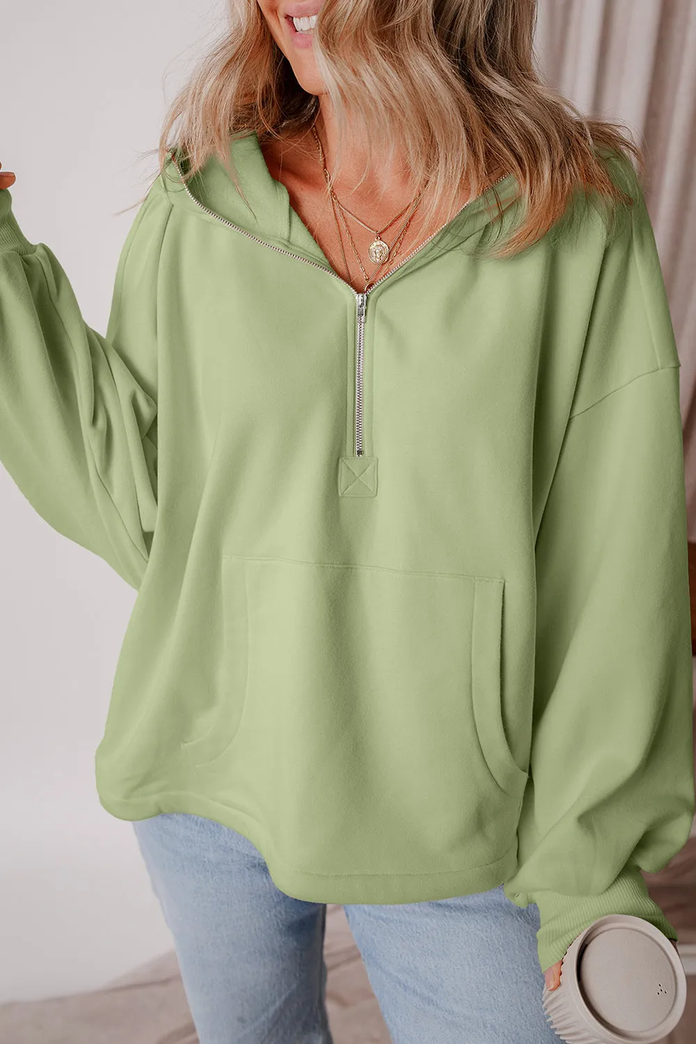 Fleece Lined Half Zipper Kangaroo Pockets Loose Hoodie