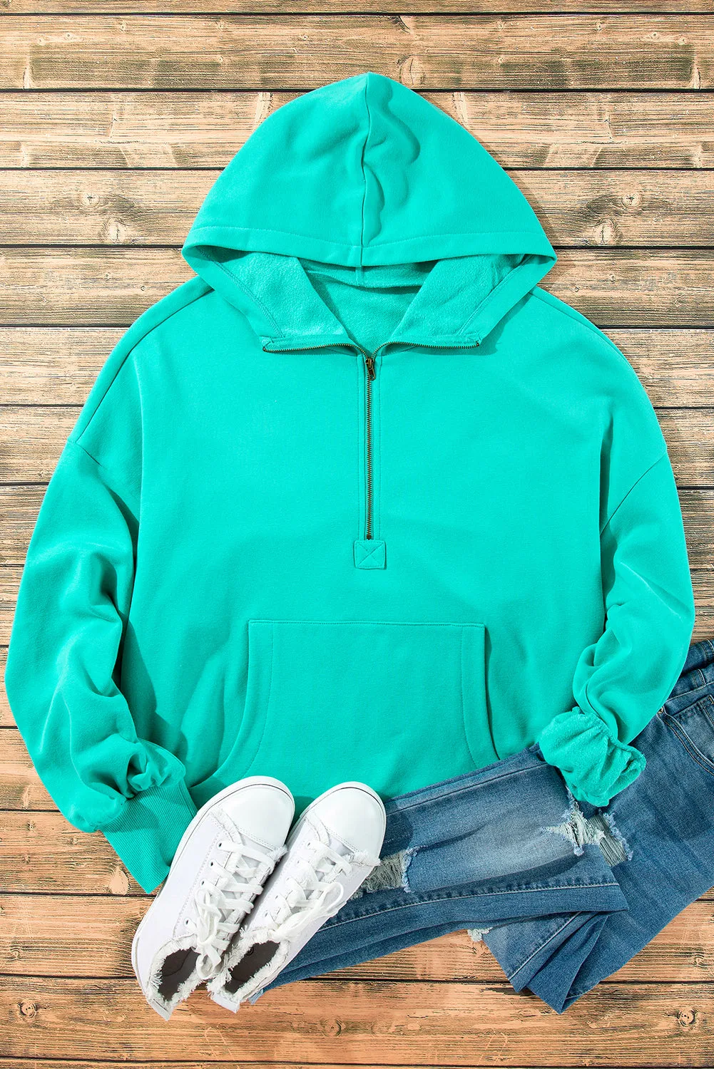 Fleece Lined Half Zipper Kangaroo Pockets Loose Hoodie