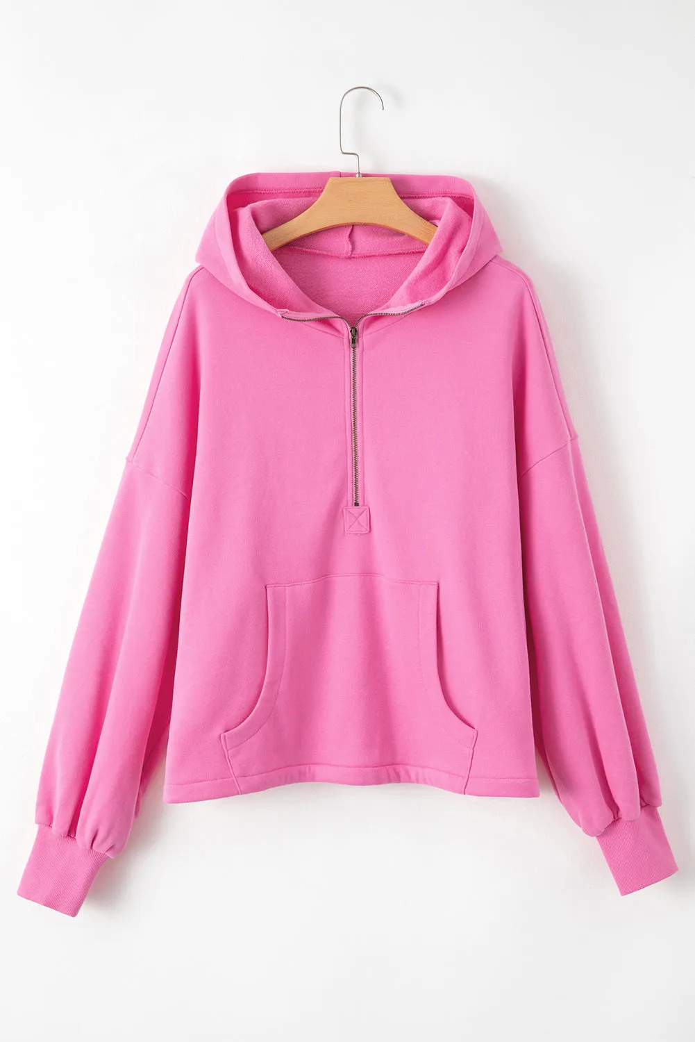 Fleece Lined Half Zipper Kangaroo Pockets Loose Hoodie