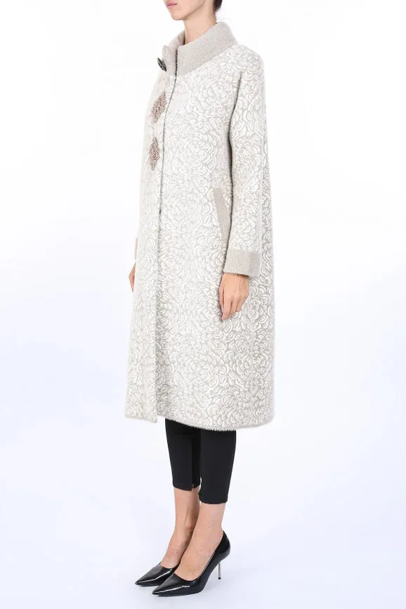 Floral Jacquard Print Embellished Fur Overcoat