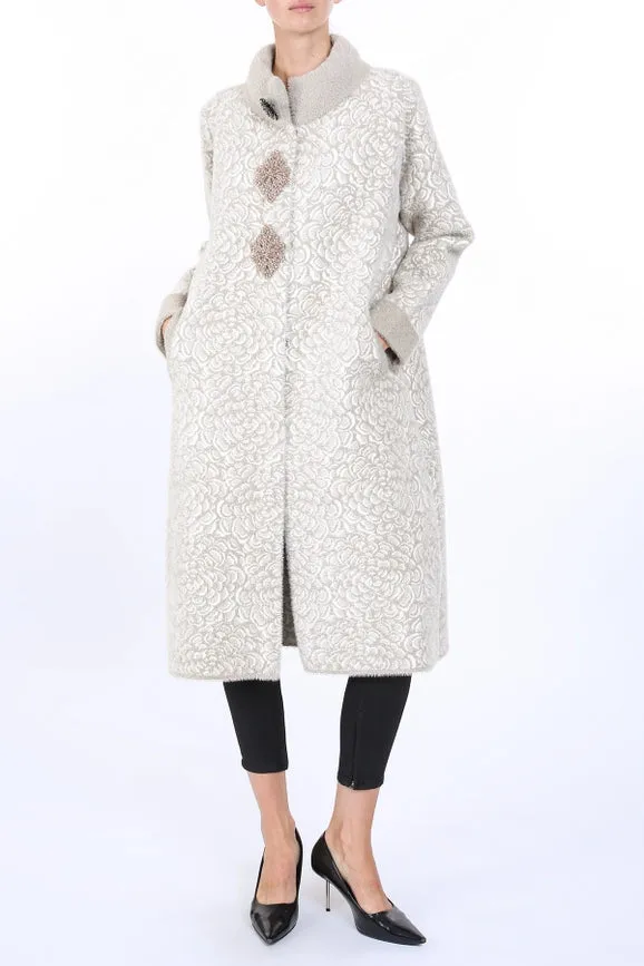 Floral Jacquard Print Embellished Fur Overcoat