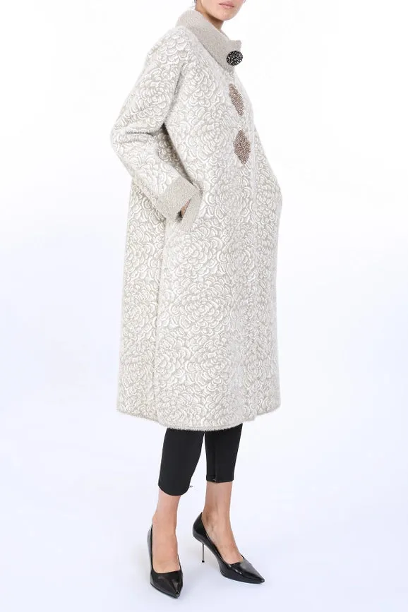 Floral Jacquard Print Embellished Fur Overcoat