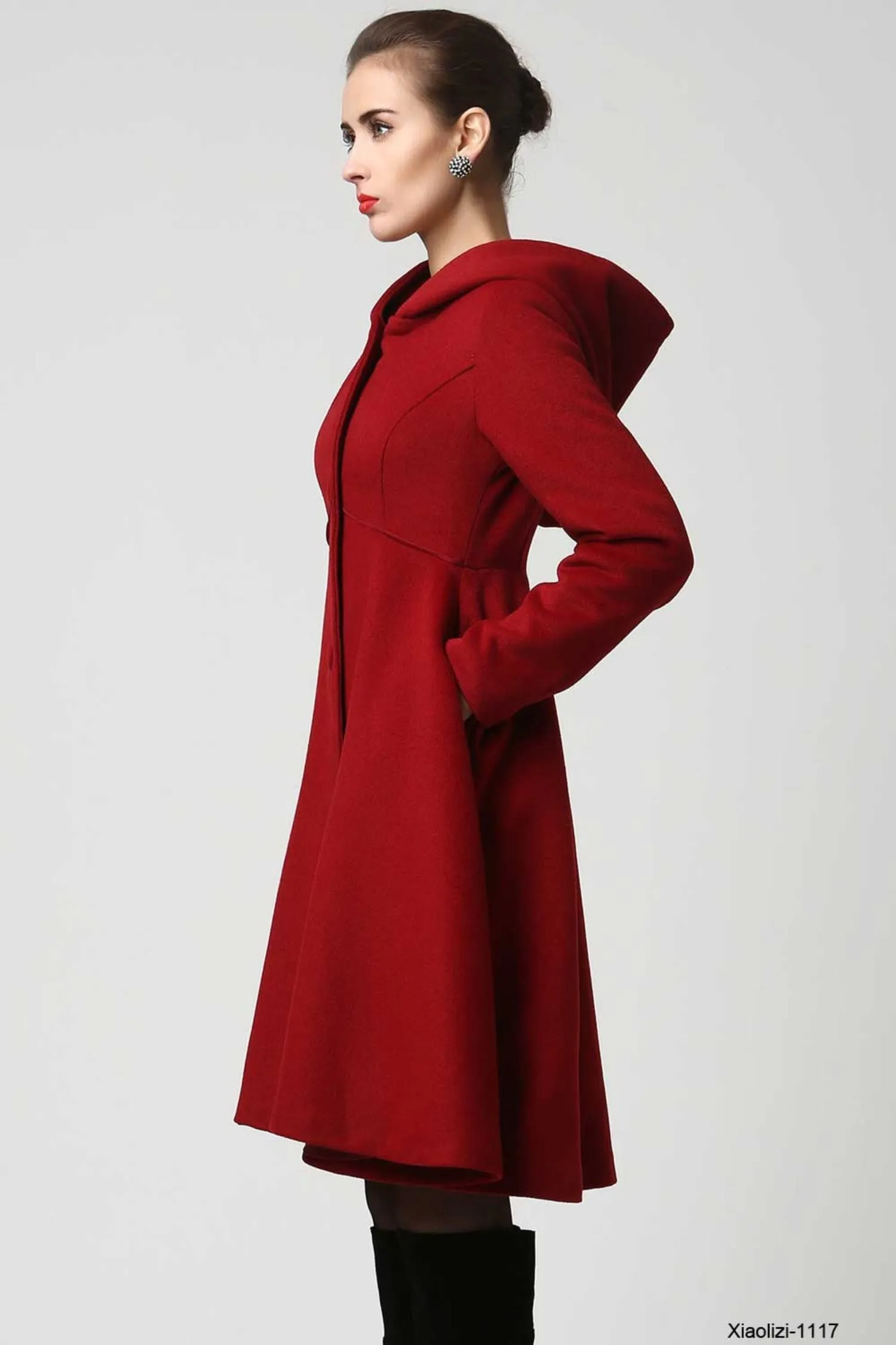 Handmade Flared Red Wool Coat with Hood – Sophisticated and Versatil 1117