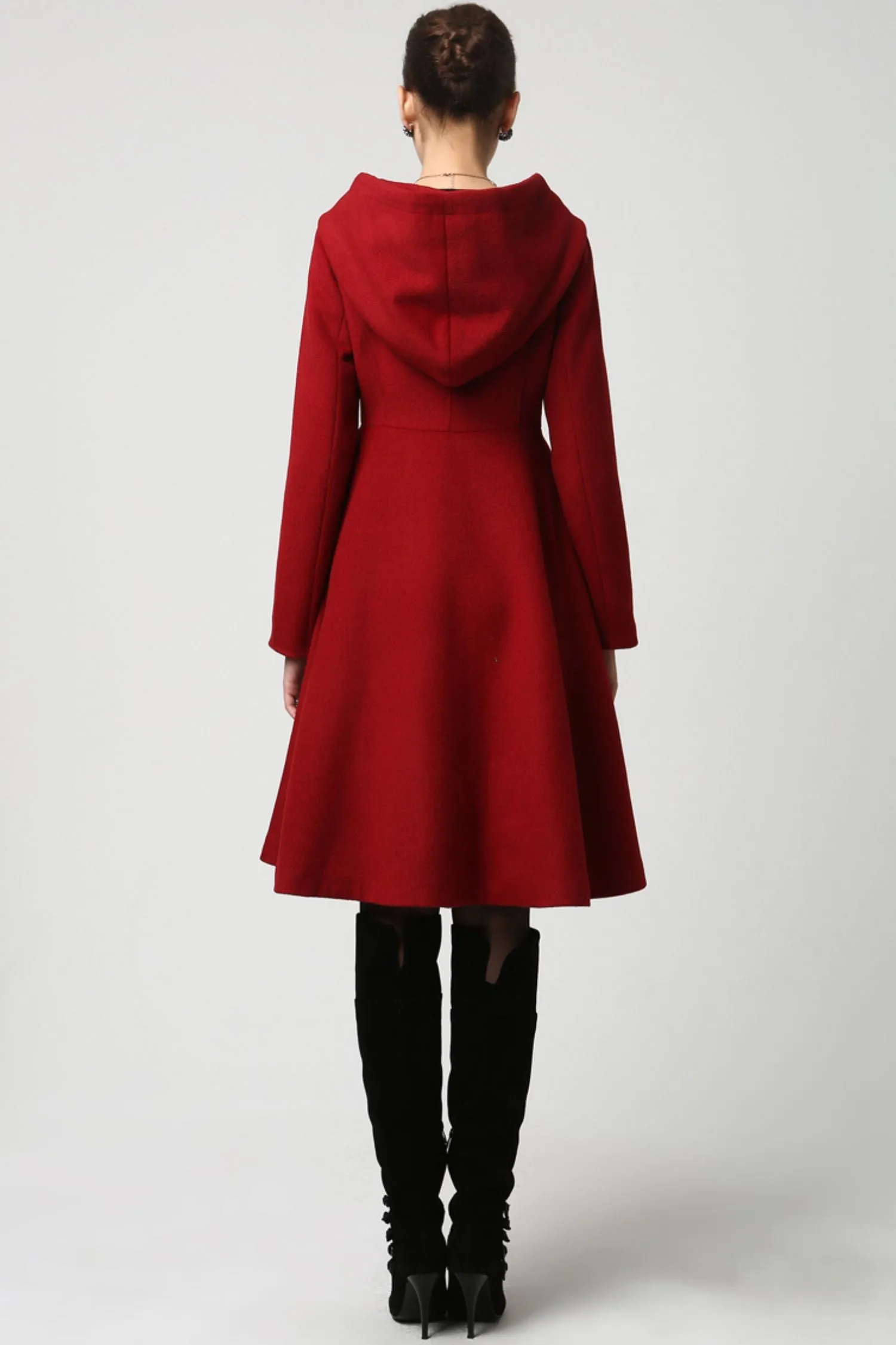 Handmade Flared Red Wool Coat with Hood – Sophisticated and Versatil 1117