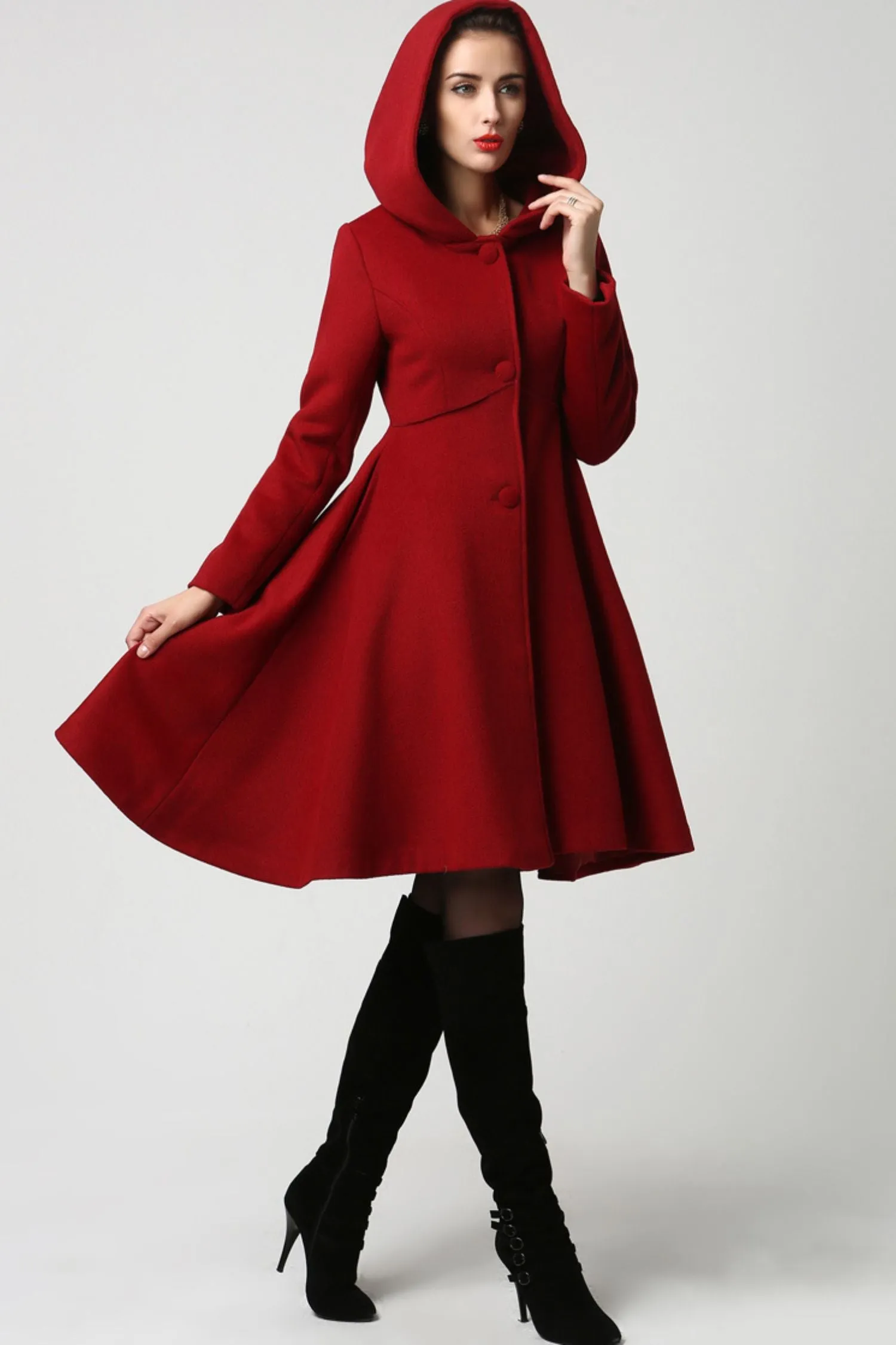 Handmade Flared Red Wool Coat with Hood – Sophisticated and Versatil 1117